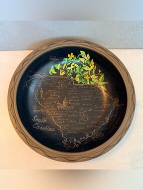 Vintage South Carolina State Souvenir Map Tray Black Gold Tin Metal Barware 60s